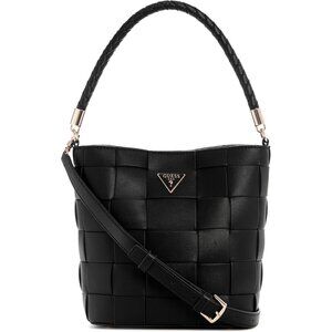 Maylee Womens Woven Faux-Leather Black Bucket Bag with Gold Hardware Adjustable